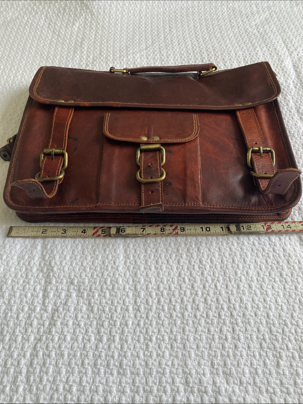 Vintage Brown Leather Messenger Bag with Brass Hardware - Picture 9 of 13